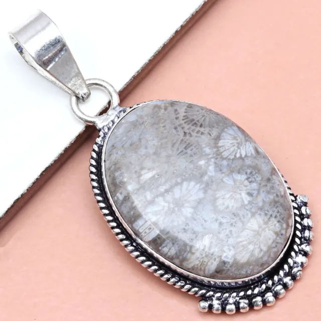 Pendant Fossil Coral Gemstone Gift For Her 925 Silver Jewelry 1.75"