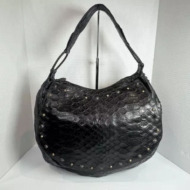 Eric Javits Extra Large  Hobo Bag Black Croc Embossed Leather Studded Purse Y2K