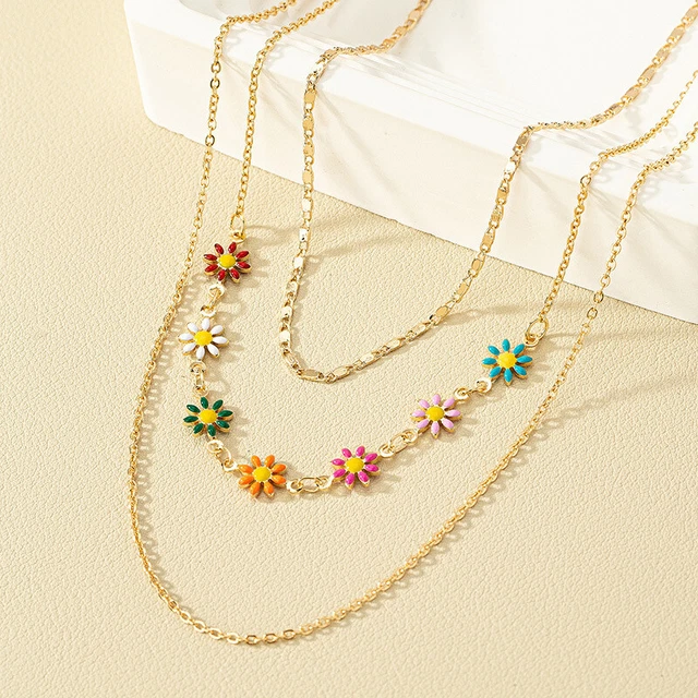 3Pcs Multilayer Enamel Daisy Necklace Clavicle Chain Women's Fashion Jewelry New