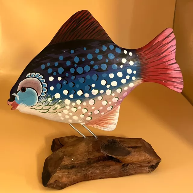 Hand Carved and Painted Tropical Wood Fish on Driftwood Base, Nautical / Beach