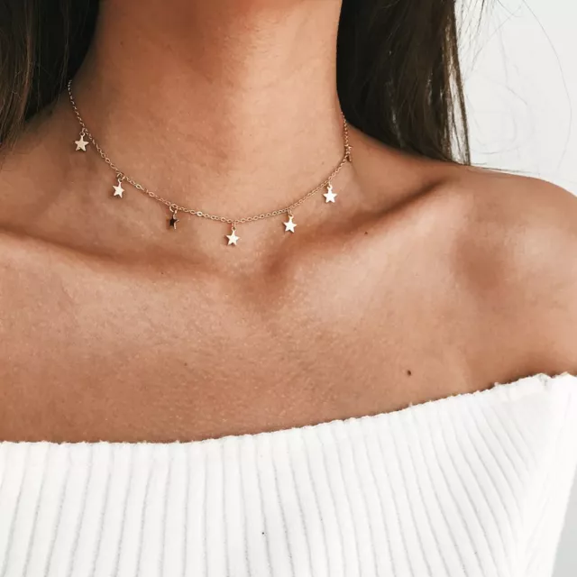 kurze Halskette mit Sternen Anhänger Halsband  Choker goldfarbig