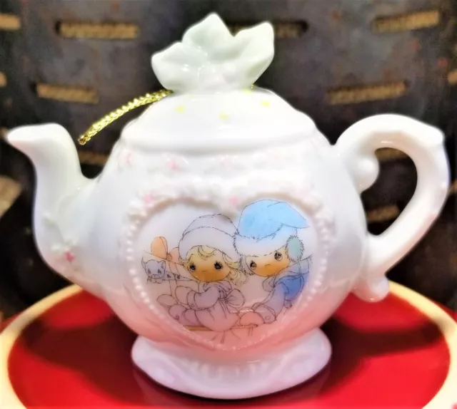 Vintage Precious Moments Mini Tea Pot Hanging Ornament Sharing Season Together