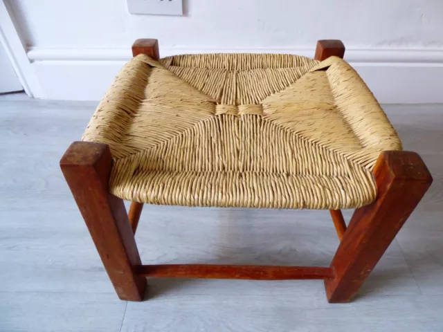 Small Vintage Wooden Woven Wicker Rattan Rope Foot Stool Plant Stand