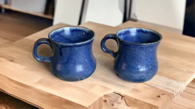 Set of 2  Hand Thrown Stoneware Art Pottery Coffee/Tea Mugs Blue Signed Marked