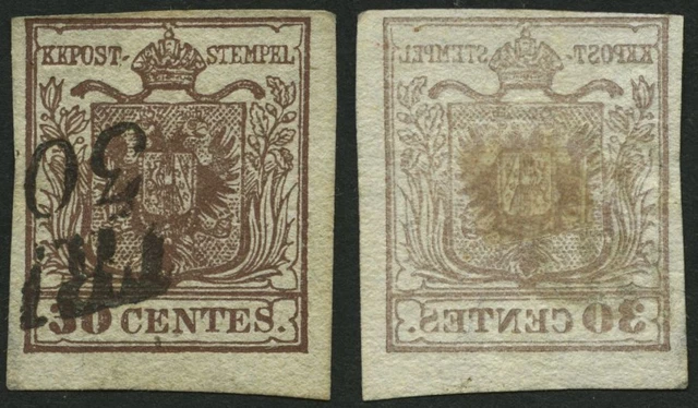 LOMBARDEI UND VENETIEN 1850, 30 C. braun, Type I, deutlicher Abklatsch, Pracht