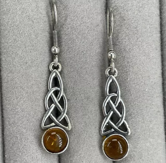 925 sterling silver earrings amber Celtic dangle drop