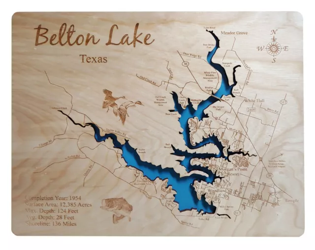 Lake Belton, Texas - Laser Cut Wood Map | Wall Art | Made to Order