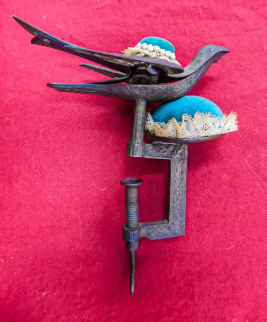 Victorian C. 1860 Bronze Sewing Bird C-Clamp Pin Cushion Authentic Not Repro