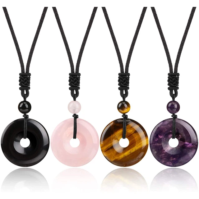 Healing Crystal Donut Necklace Amulet Lucky Circle Coin Pendant Adjustable Rope