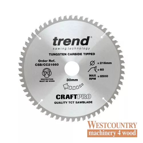 Trend CraftPro Crosscut Wood Mitre Saw Blade - 216mm dia x 2.6 kerf x 30 bore 60