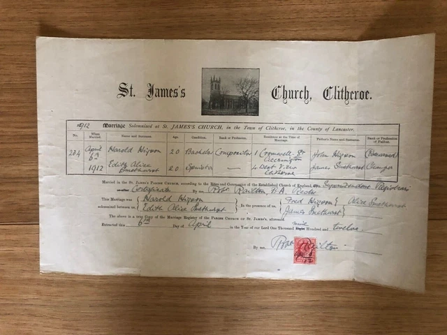 WEDDING CERTIFICATE St JAMES'S CHURCH CLITHEROE 1912 ~ GROOM WAS FROM ACCRINGTON