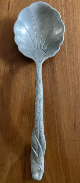 Antique Pewter Large Serving Spoon With Leaf And Rabbit Vintage