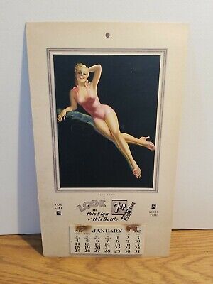 (VTG) 1942 7up soda bottle pin up sexy pink lady girl calendar advertising sign