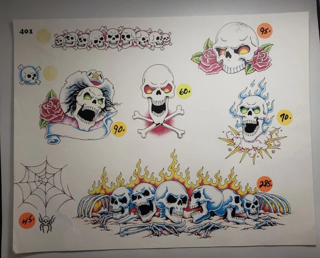 Hoja flash vintage de arte de calavera tatuaje