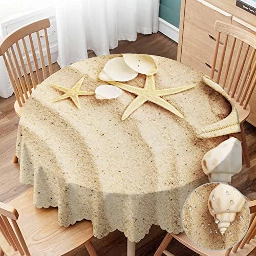 Yibeas Tablecloth Round Seashells on Sand Table Cloth Tropical Beach Marine N...