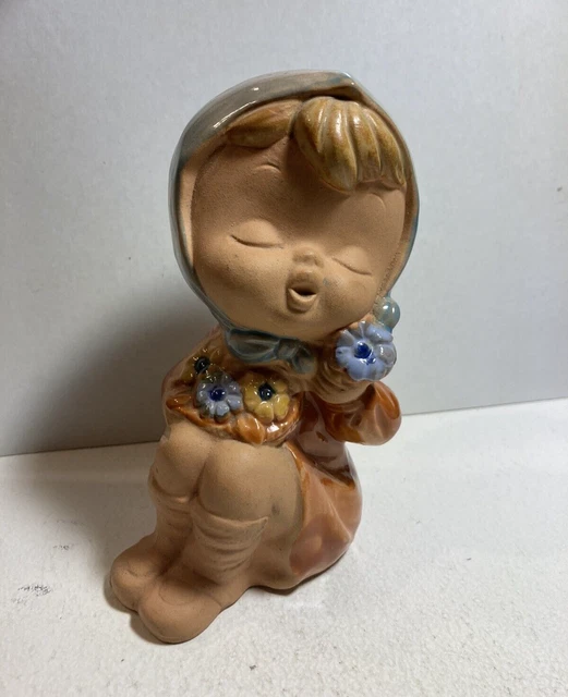 VTG Japanese UCTCI Clay Pottery Girl Holding Bouquet Figurine Redware Stoneware