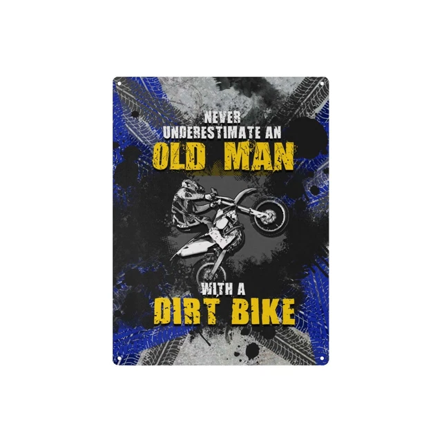 Vintage-Inspired Old Man with Dirt Bike Royal Blue Metal Tin Sign 12"x16