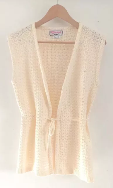 True Vintage 1970s ROMANTIQUE Ivory Knit & Crochet Waistcoat Cardigan  Size 12