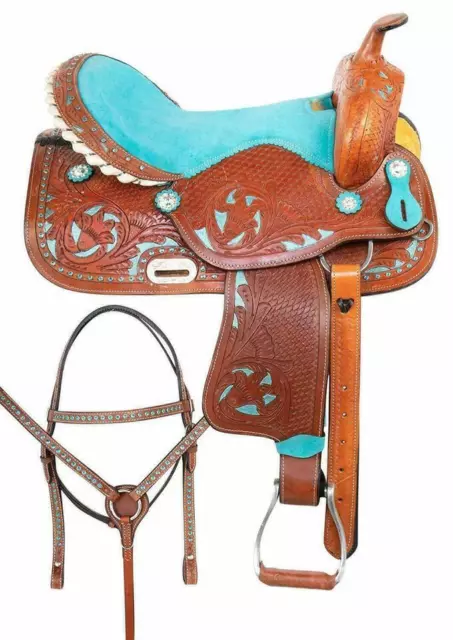 100% Genuine Turquoise -Brown Saddle, Traditional Leather Western Barrel Racing