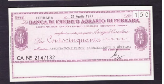 Miniassegno Banca Credito Agrario di Ferrara Ass. Commercianti 150 L 27-4-1977