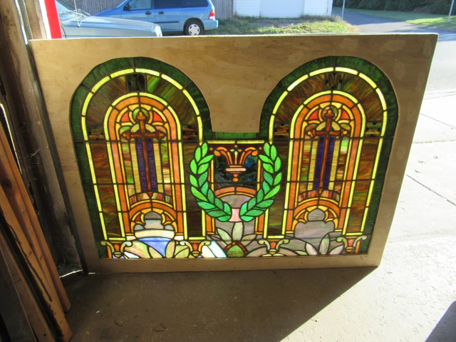 ~ Large Antique Stained Glass Window Double Arches And Wreath ~ 56 X 41 Salvage