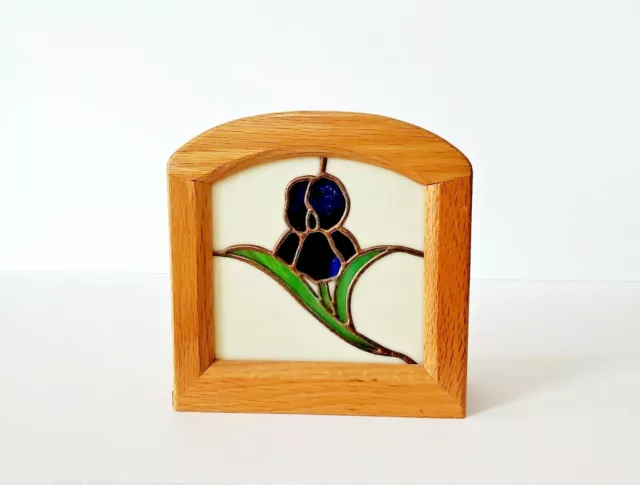 Mid Century Modern Stained Glass Wood Framed Napkin Holder Iris Flower