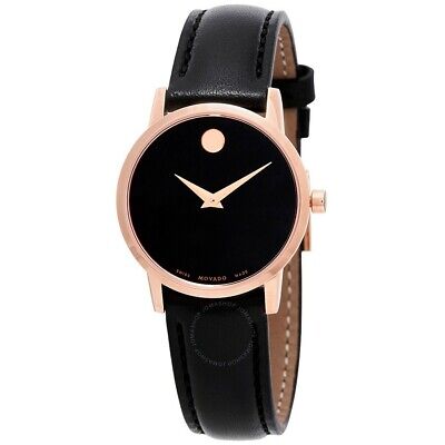 Movado Swiss Museum Classic Rose Gold Ladies Black Leather Strap  Slim Watch