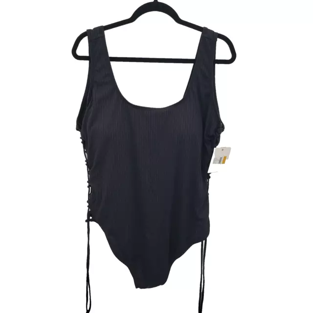 Cyn & Lucca Black One Piece Swimsuit Womens 3x Ribbed Lace Up Side Scoop Neck