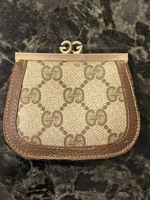 Vintage EUC Gucci Kisslock Double G Coated Canvas Dual Pocket Coin Purse ITALY