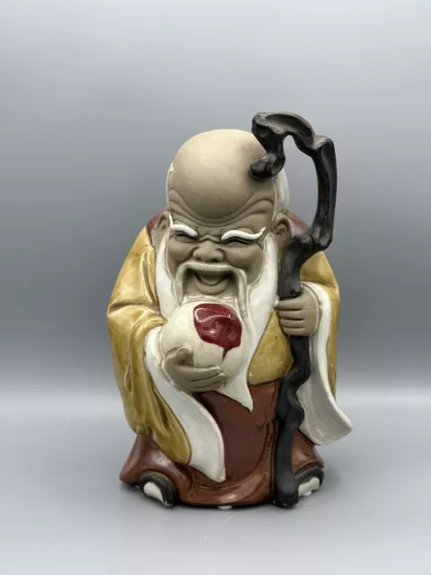 Vintage Chinese God Of Longevity Shou Lao Shou Xing Mud Man Figurine 9.5”