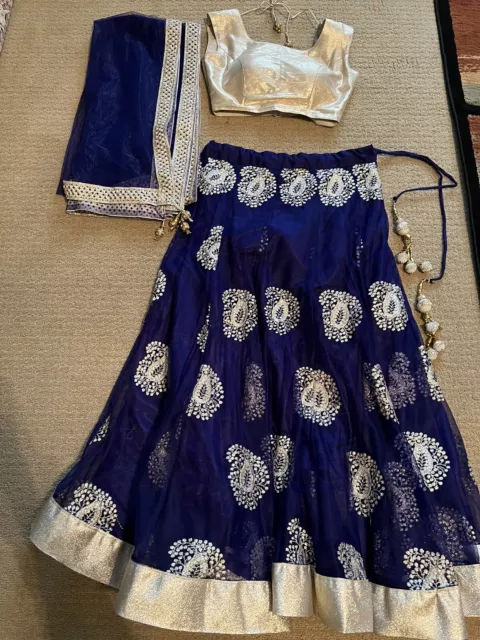 Indian Navy Blue and Gold Sequin Lengha, Blouse & Chuni - Small