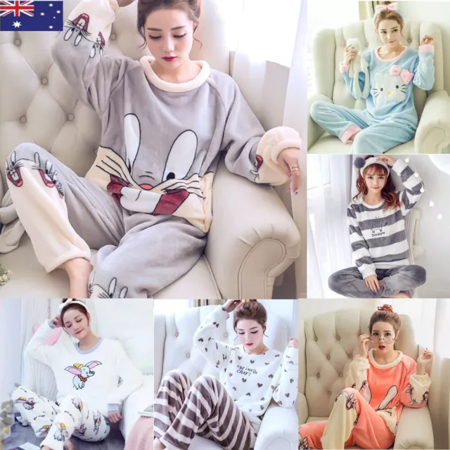 Women Soft Coral Fleece Pyjamas Set Plush Fleece Warm Winter Sleepwear Pajamas