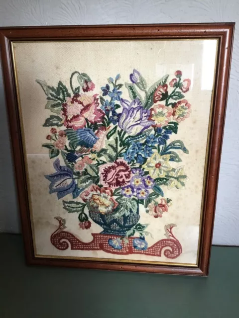 Beautiful Vintage Hand Made Framed Floral Crewelwork/Tapestry #3532