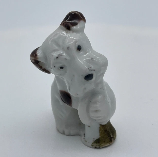 Vintage Terrier Dog Figurine Standing Holding Bugle Trumpet Mid Century 1.75"-A8