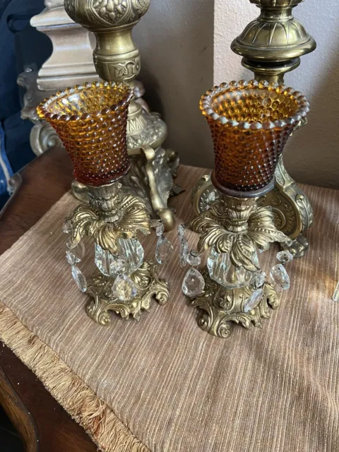Pair Vintage Hollywood Regency Style Ornate Gold cast Brass Candlestick Holders