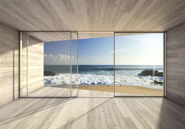 Strand Meer Fenster Ausblick VLIES FOTOTAPETE 3D WOHNZIMMER TAPETE WANDBILD XXL