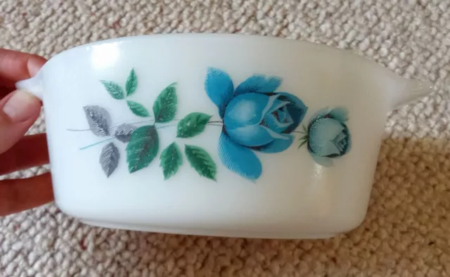 Vintage Pyrex Phoenix Opalware Blue Rose Roses Smallish Casserole Dish