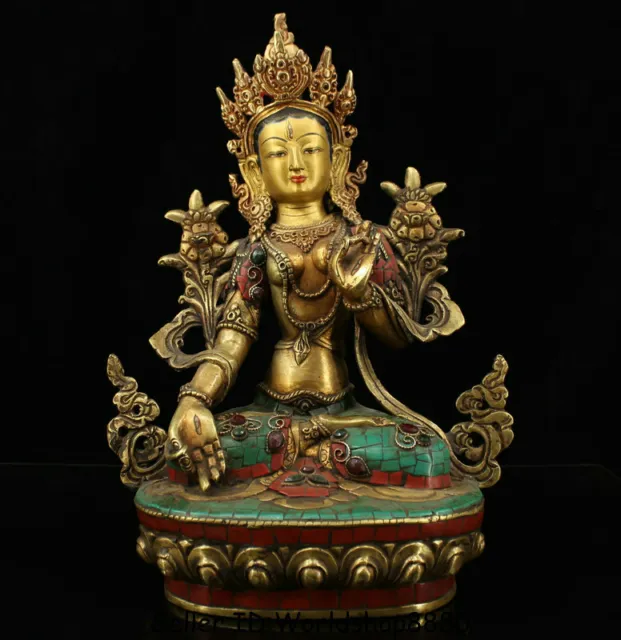 13.6" Old Tibet Buddhism Bronze Inlay Turquoise 7 eyes White Tara Goddess Statue
