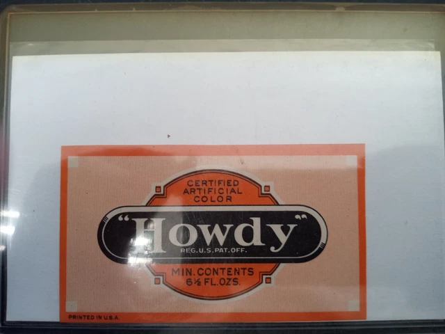 Vintage soda pop bottle label HOWDY unused  n-mint+ BB -46