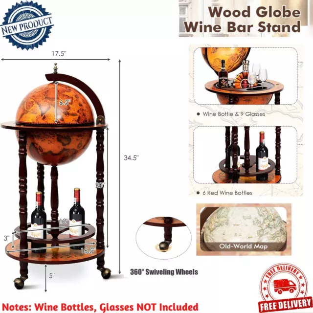 Wooden Globe Bar Stand Wine Bottle Liquor Shelf Rack Cabinet Home Decor Vintage