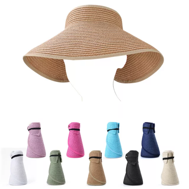 Women Packable Roll-up Wide Visor Straw Sun Hat Foldable  Beach Summer Brim cap