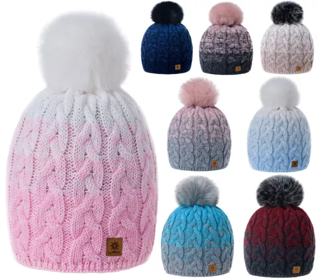 Women Ladies Winter Beanie Hat Multicoloured Hats Knitted Pom Pom Warm Fleece