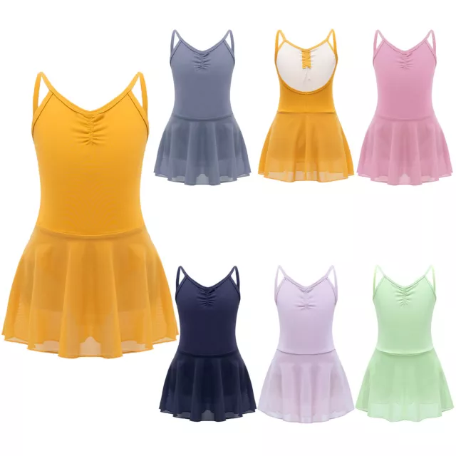 UK Kid Girls Camisole Backless Ballet Gymnastics Dance Leotard Dress Performance