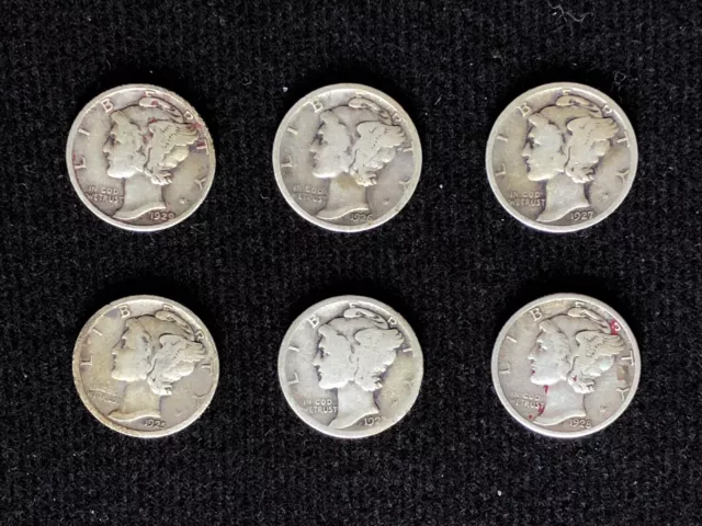 Lot of 6 Mercury Dimes 90% Silver 1923-P 1925-P 1926-D 1927-P 1928-P 1929-P