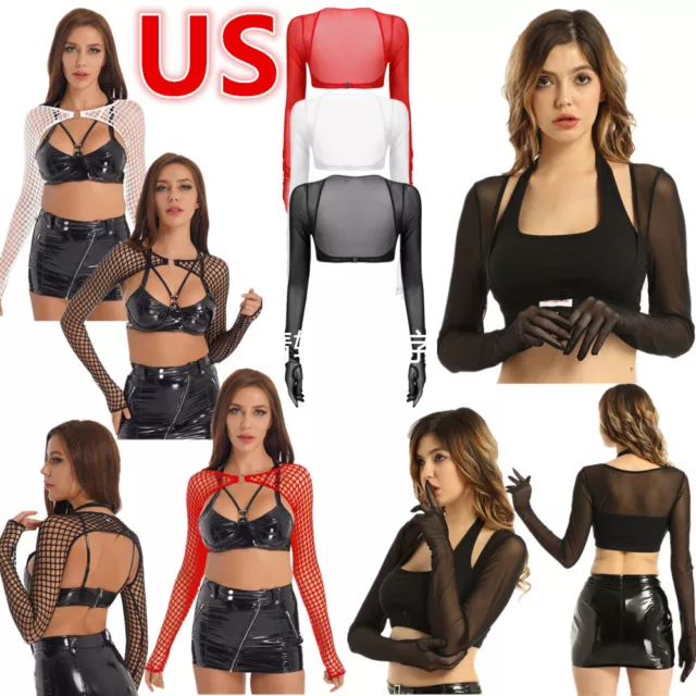 US Women's See Through Sheer Crop Top Open Front Shrug Shirt Cover Ups Clubwear