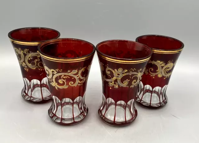 Vintage Red Cut Glass Juice Glasses with Hand Painted Gold Design Set of 4