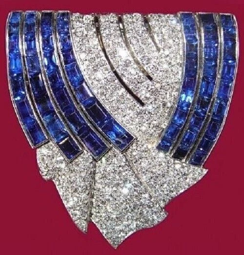 Broche Vintage Art Déco En Résine Bleu Outremer Et Strass - Style Gouttes - Occasion Neuve