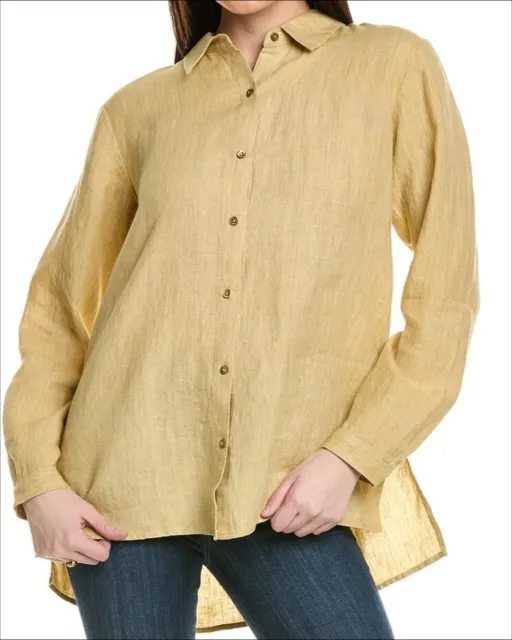 Eileen Fisher Womens Tunic Button Up Shirt Yellow Butter Linen Oversized Medium