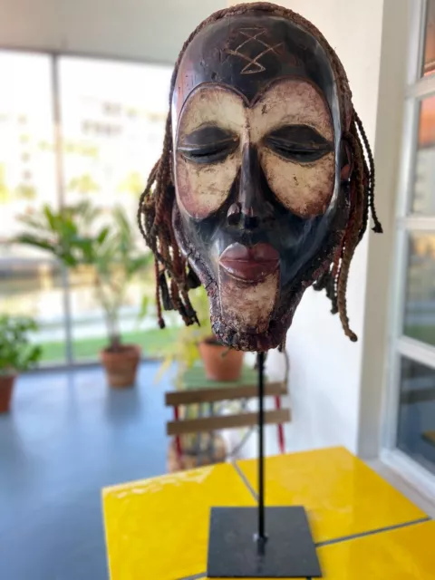 African Chokwe People Mask Helmet Wood Hemp Angola 20Th C. Custom Stand