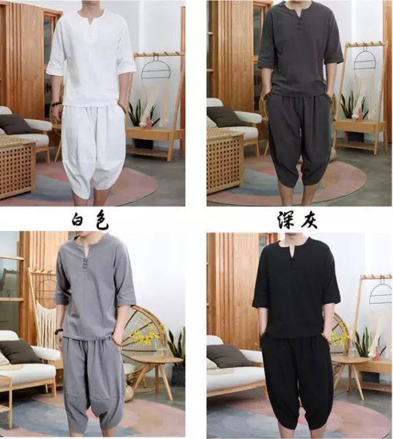 Summer Men's 2pc Cotton Linen Walking Suit Short Sleeve Casual Shirt & Pants Set